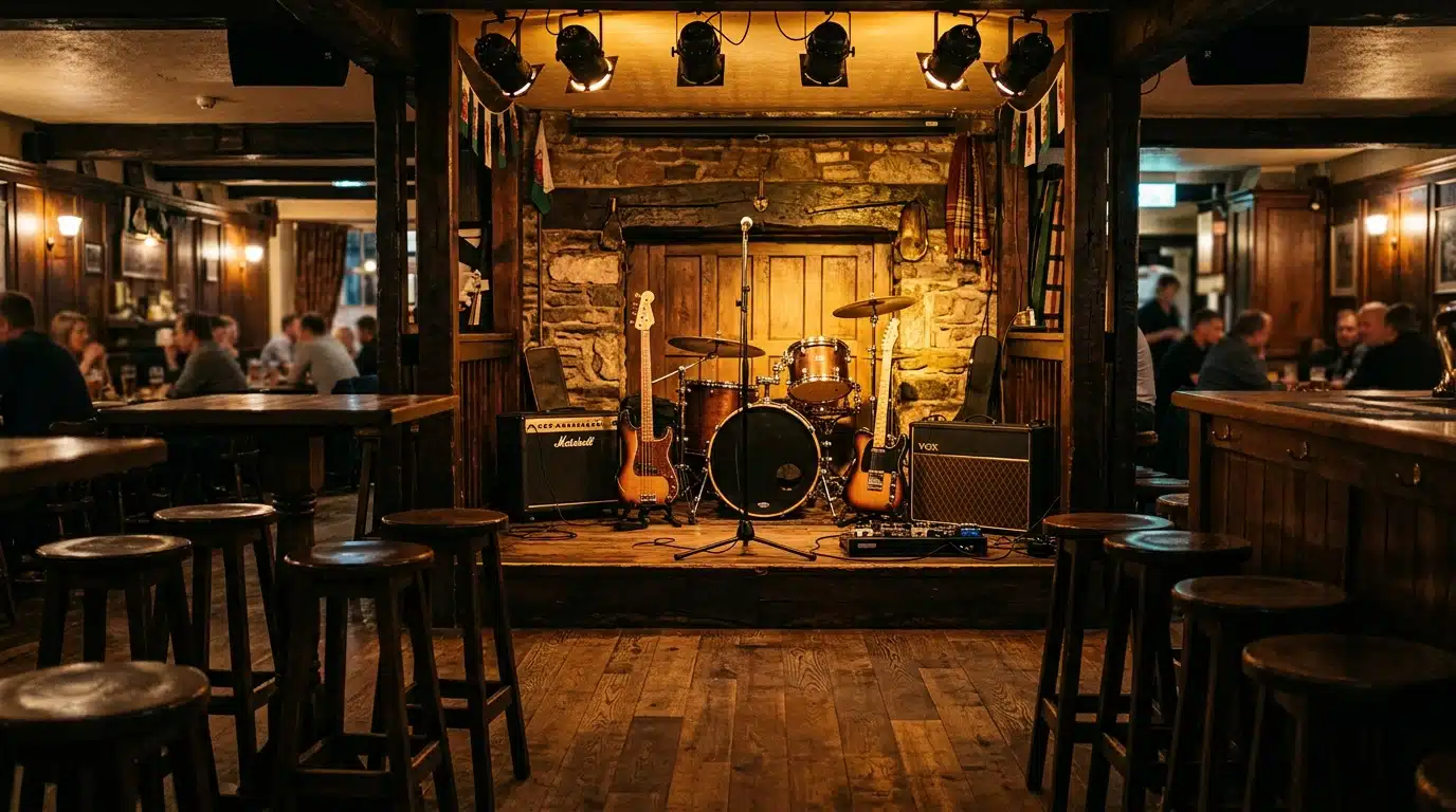 Petite scène de pub gallois avec instruments de musique