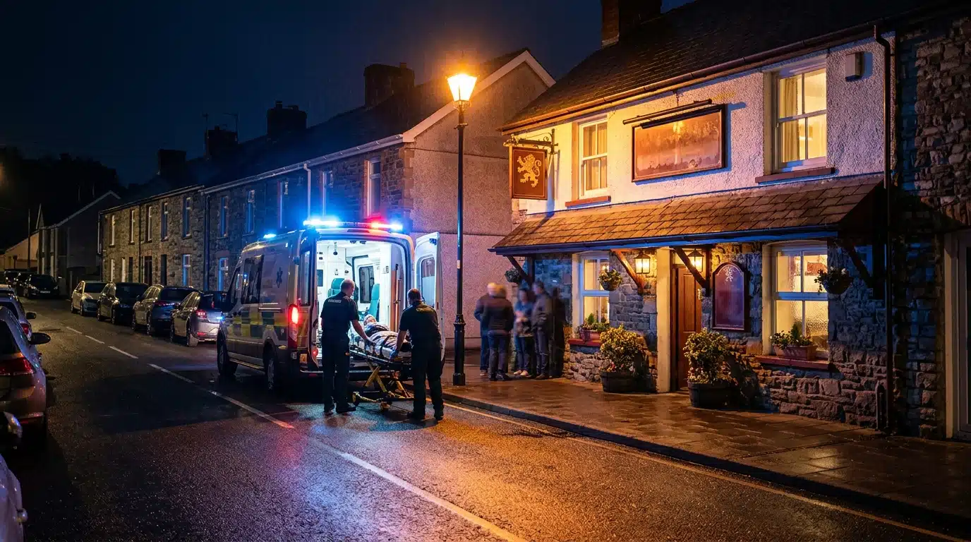 Ambulance garée devant un pub britannique la nuit