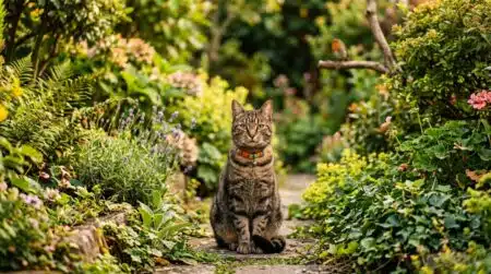 Chat portant un collier coloré dans un jardin verdoyant