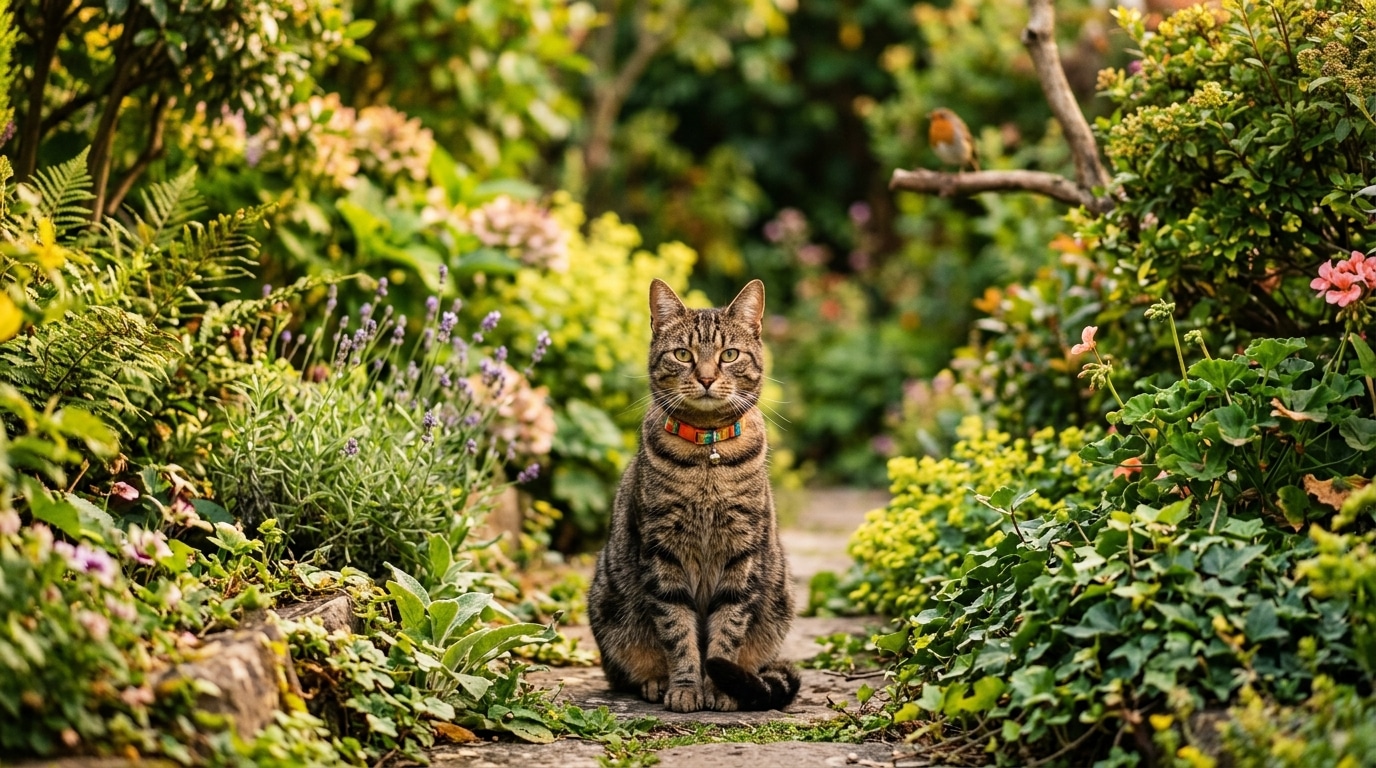 Chat portant un collier coloré dans un jardin verdoyant