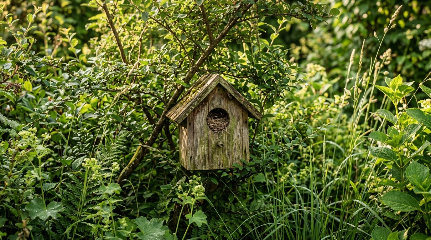 Nichoir en bois caché parmi les buissons du jardin