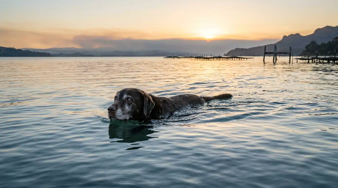 Chien âgé nageant seul dans le bassin d'Arcachon