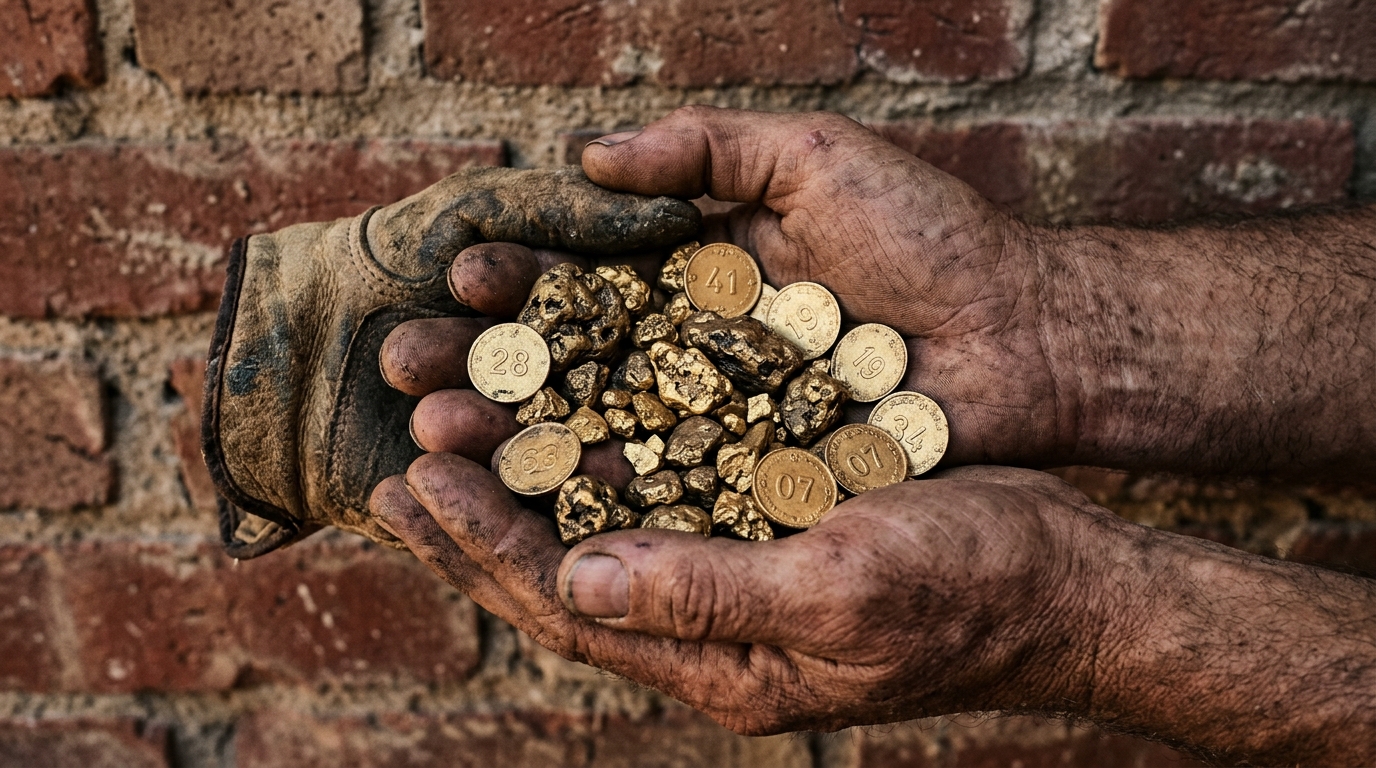 Mains d'ouvrier tenant des pépites d'or trouvées