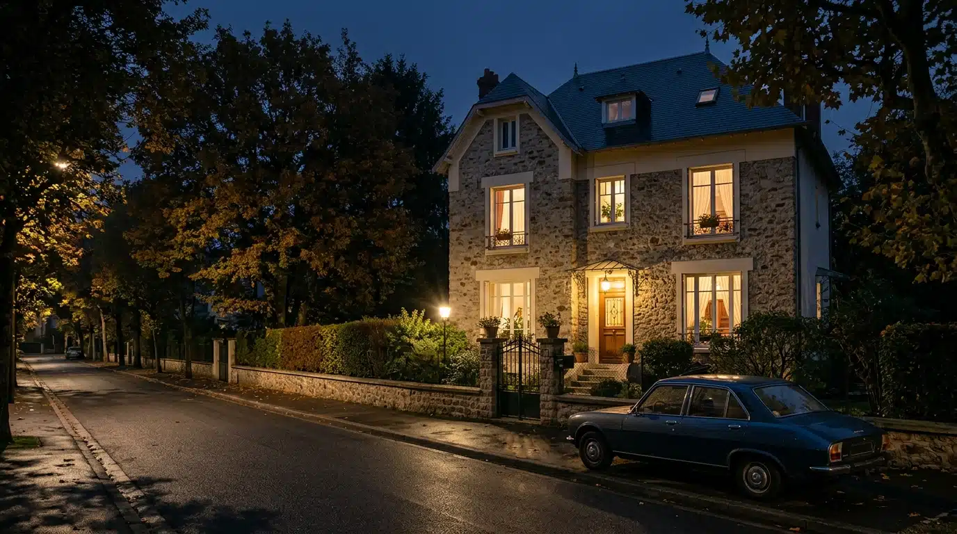 Ancienne maison bourgeoise de banlieue parisienne de nuit, ambiance feutrée années 1980