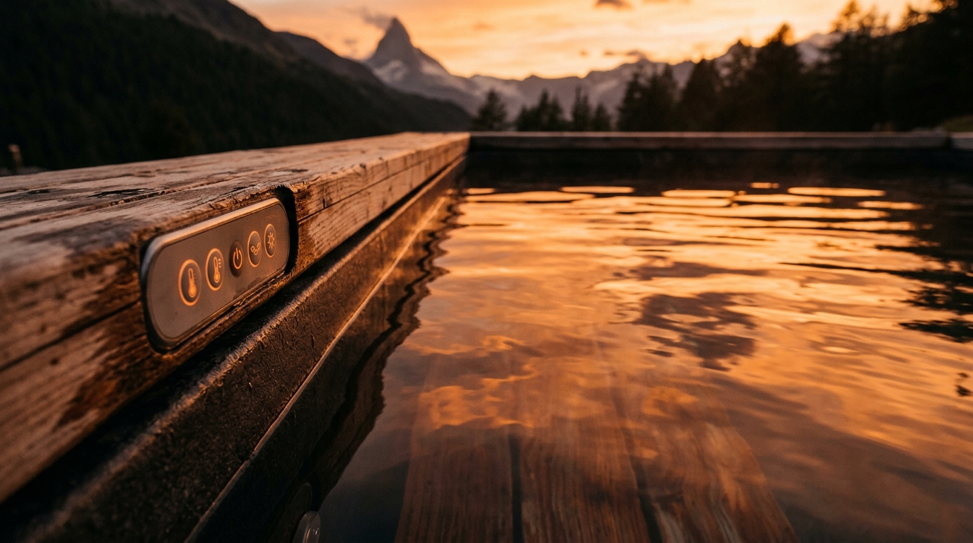 Panneau de contrôle d'un spa extérieur au coucher du soleil