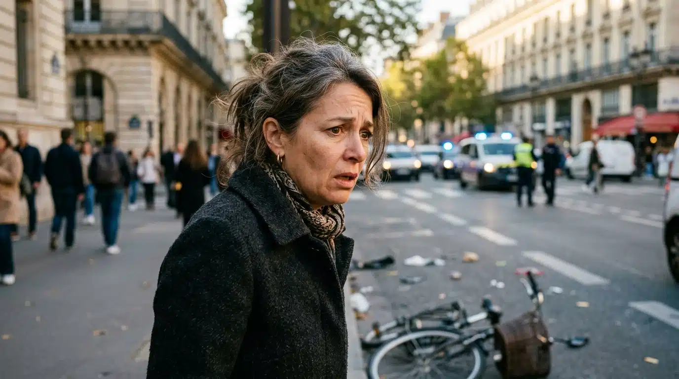 Vélo renversé sur trottoir parisien près d'une intervention