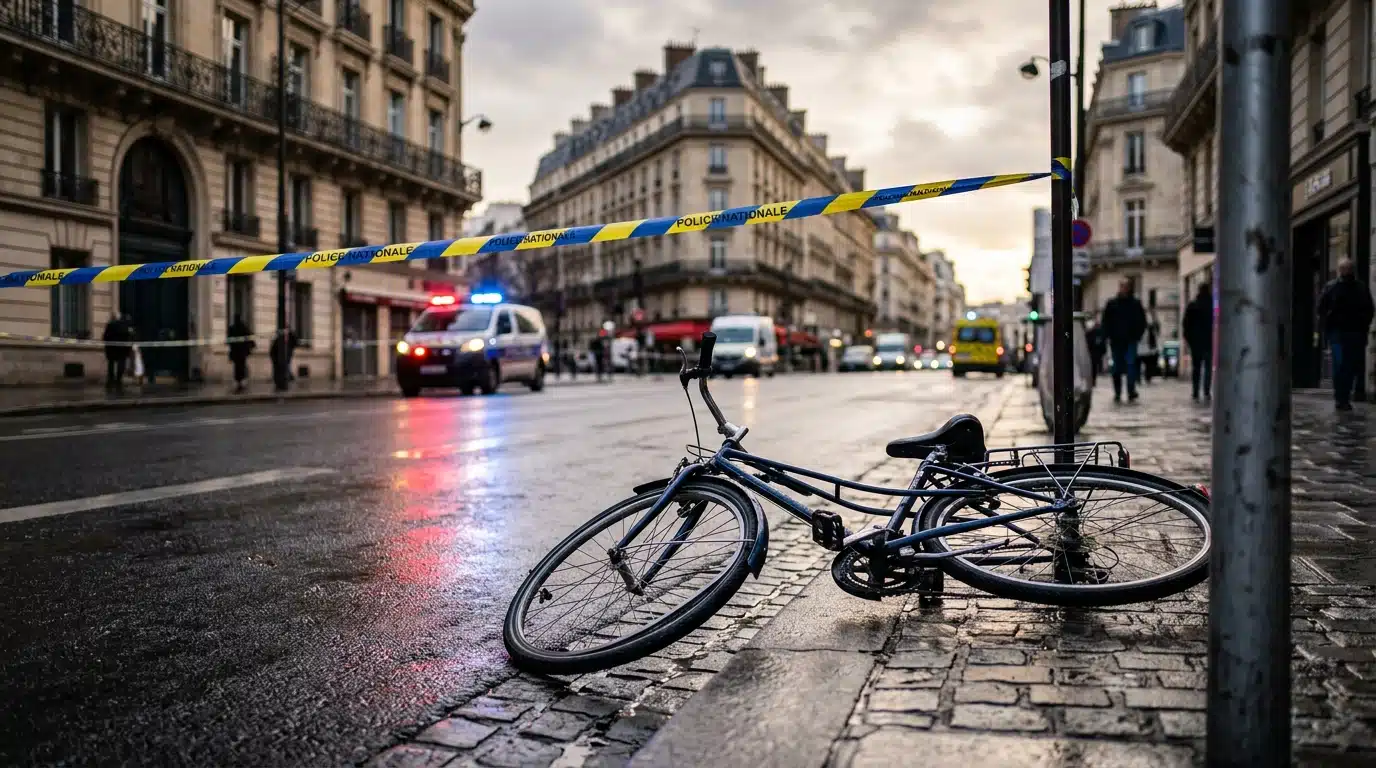 Passant anonyme choqué devant une scène d'intervention urbaine