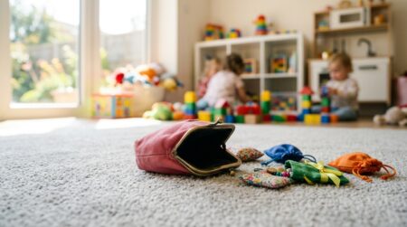 Porte-monnaie rose ouvert sur un tapis de crèche