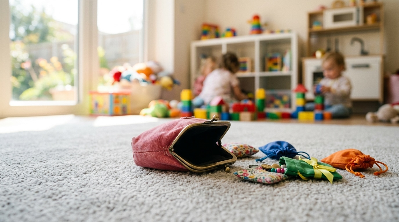 Porte-monnaie rose ouvert sur un tapis de crèche