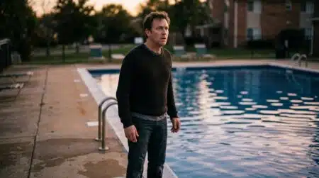 Homme bouleversé au bord d'une piscine au crépuscule