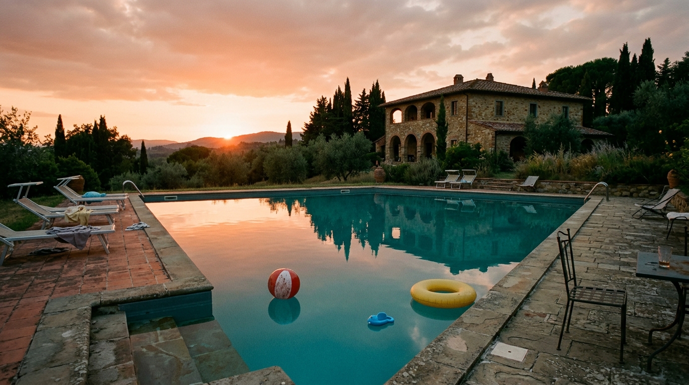 Piscine calme et vide avec jouets flottants abandonnés
