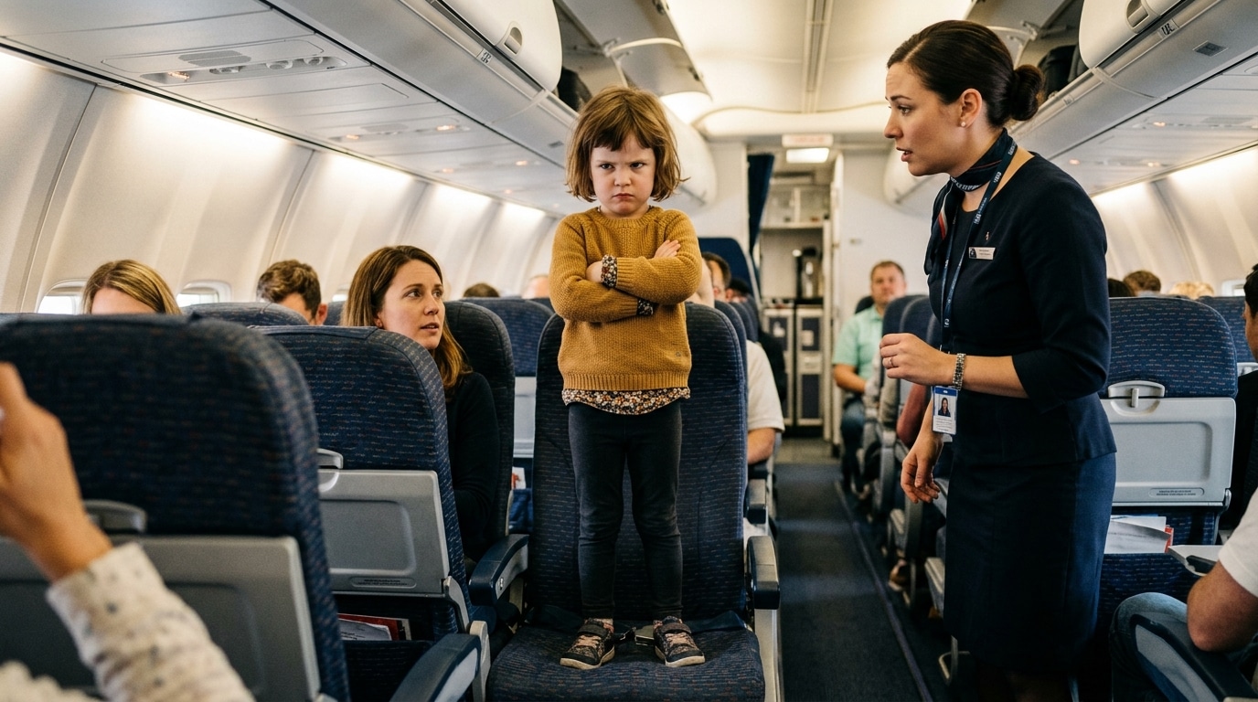 Enfant debout sur un siège d'avion refusant de s'attacher