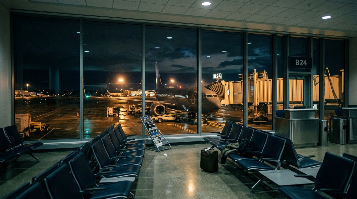 Avion immobilisé de nuit à la porte d'embarquement