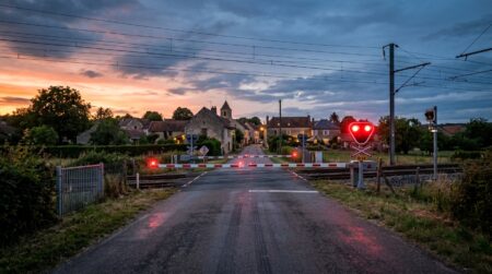 Passage à niveau avec barrières baissées au crépuscule