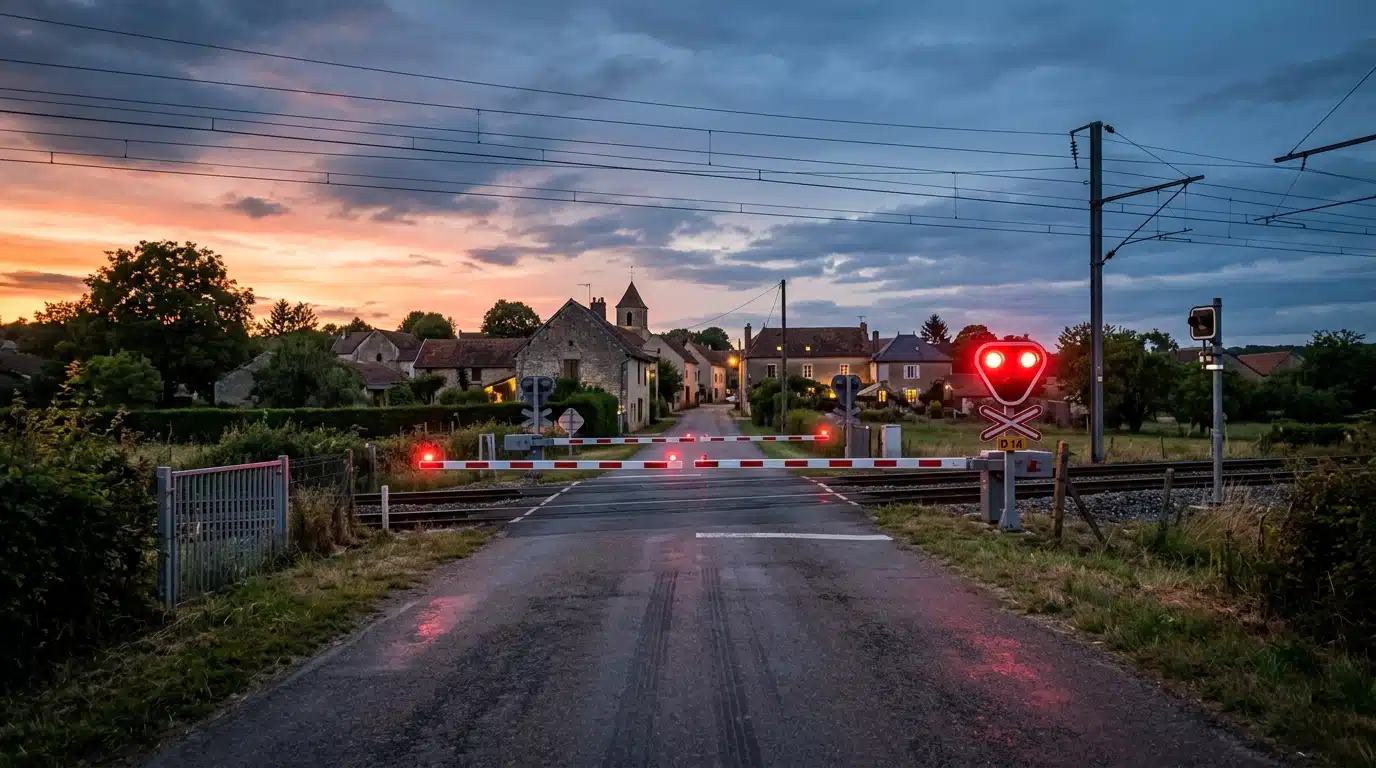Passage à niveau avec barrières baissées au crépuscule