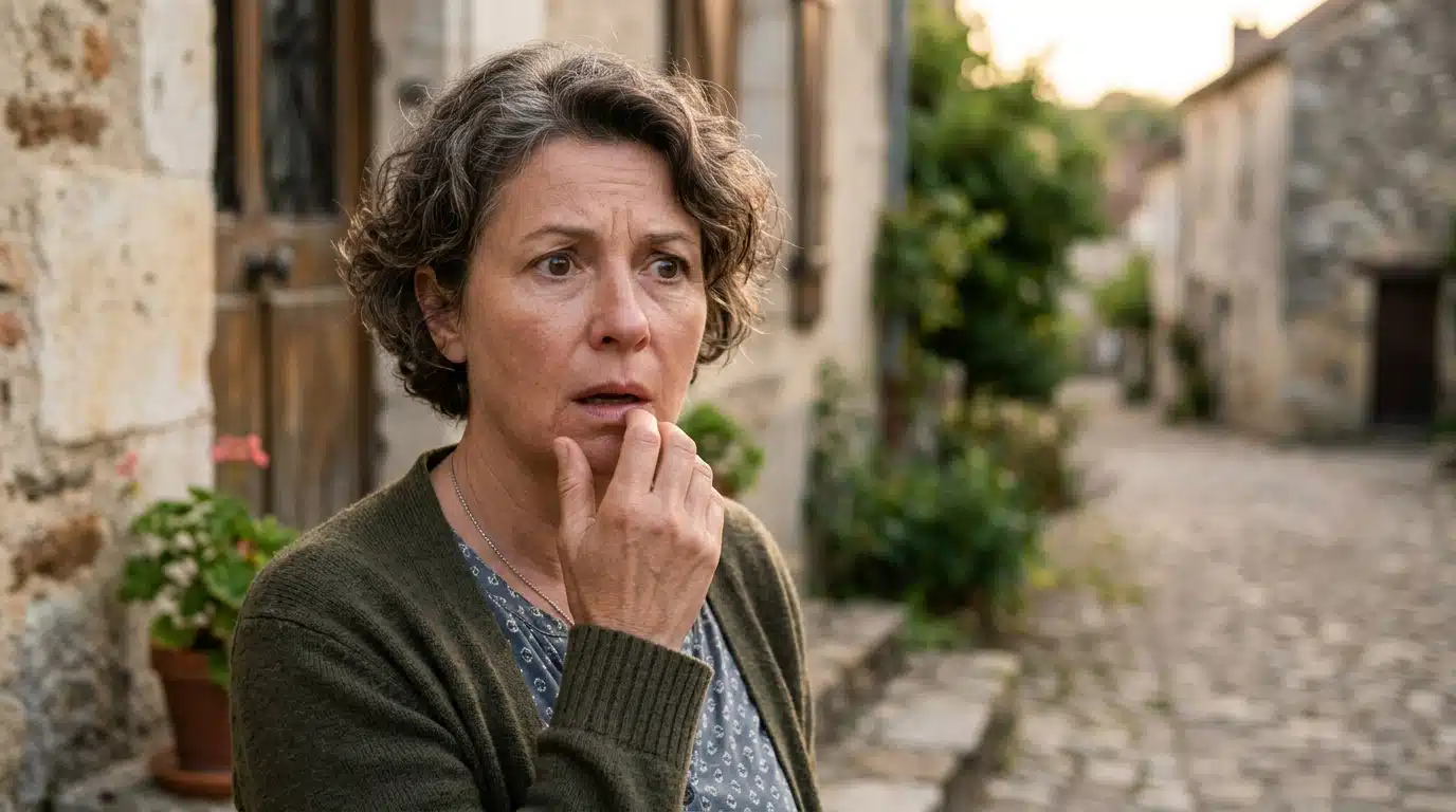 Femme choquée devant une maison de village le soir