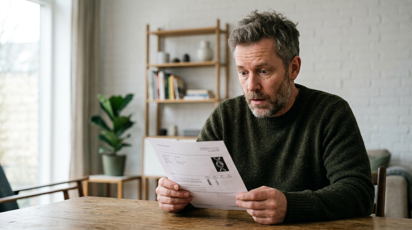 Homme choqué tenant un résultat de test ADN