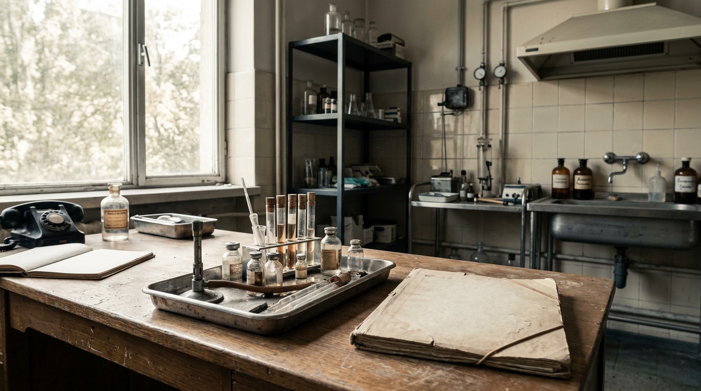 Ancienne salle d'hôpital avec dossier médical vintage