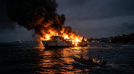 Ferry en feu au large de Bali la nuit