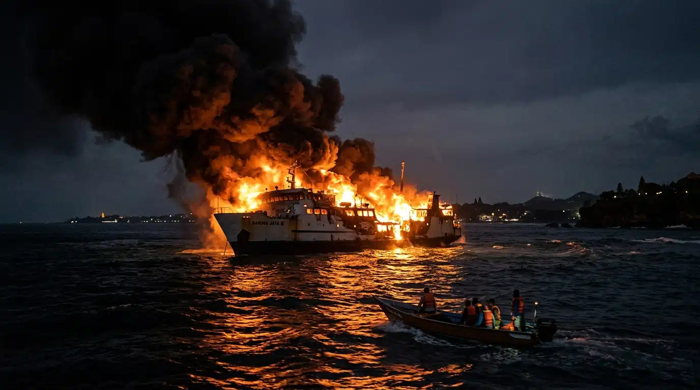 Ferry en feu au large de Bali la nuit