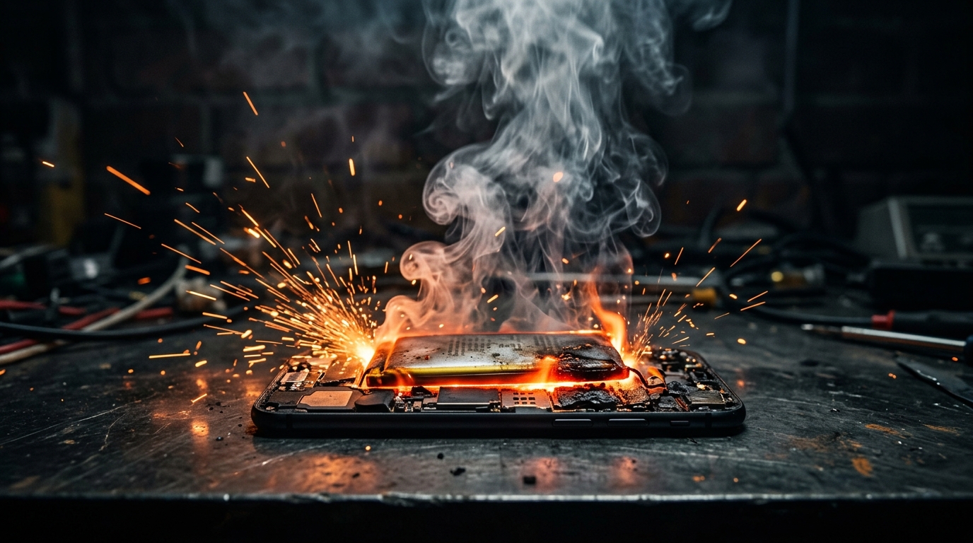 Batterie de smartphone qui surchauffe avec fumée et étincelles