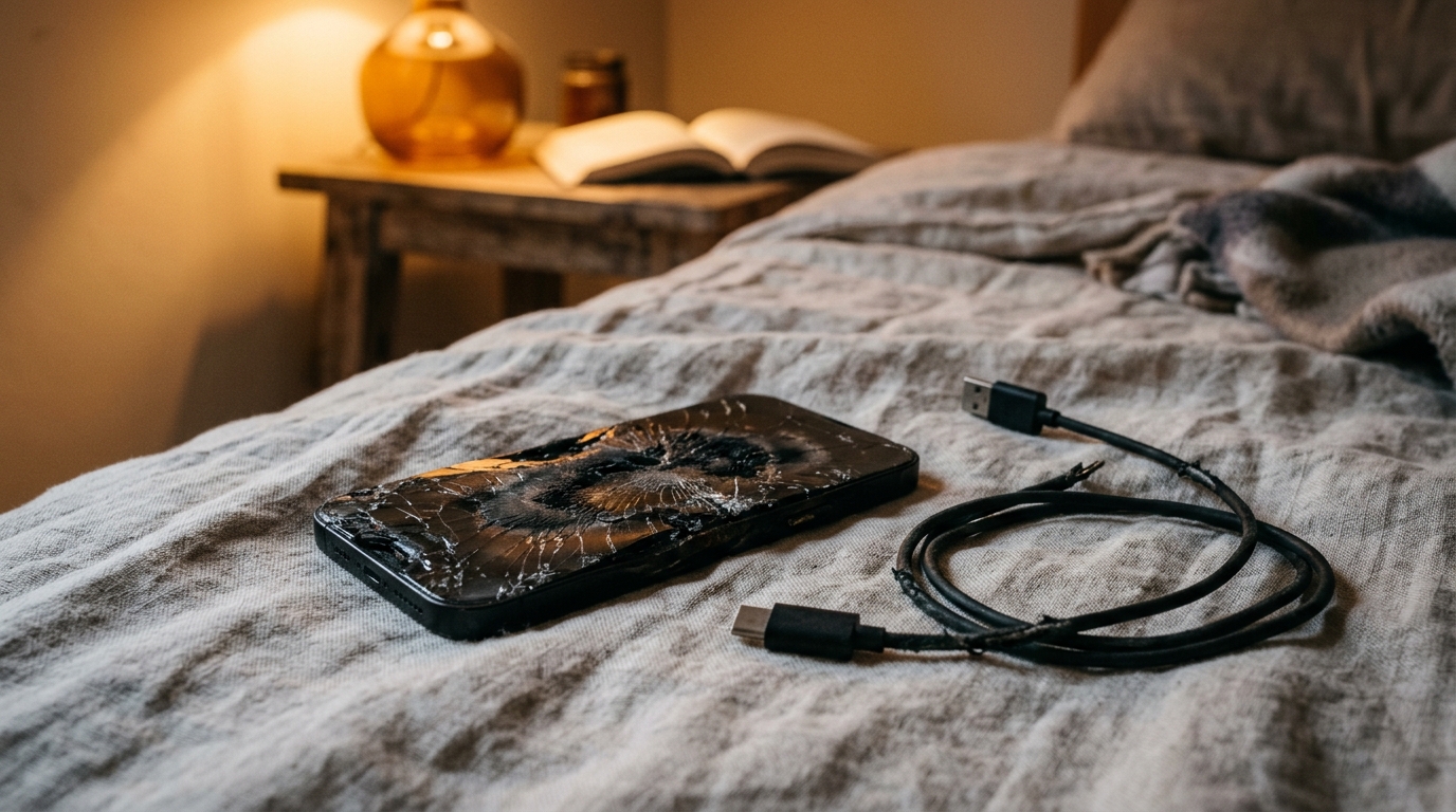 Smartphone endommagé et brûlé posé sur un lit