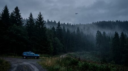 Voiture de gendarmerie isolée en lisière de forêt au crépuscule