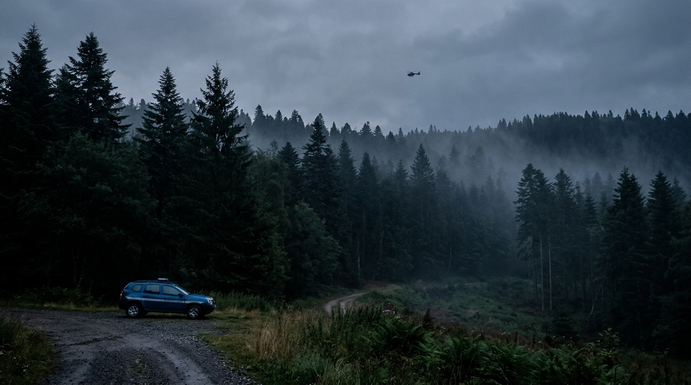 Voiture de gendarmerie isolée en lisière de forêt au crépuscule