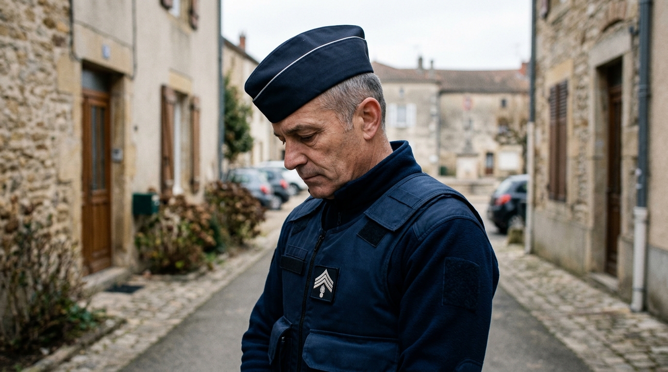 Gendarme au visage grave dans un village rural