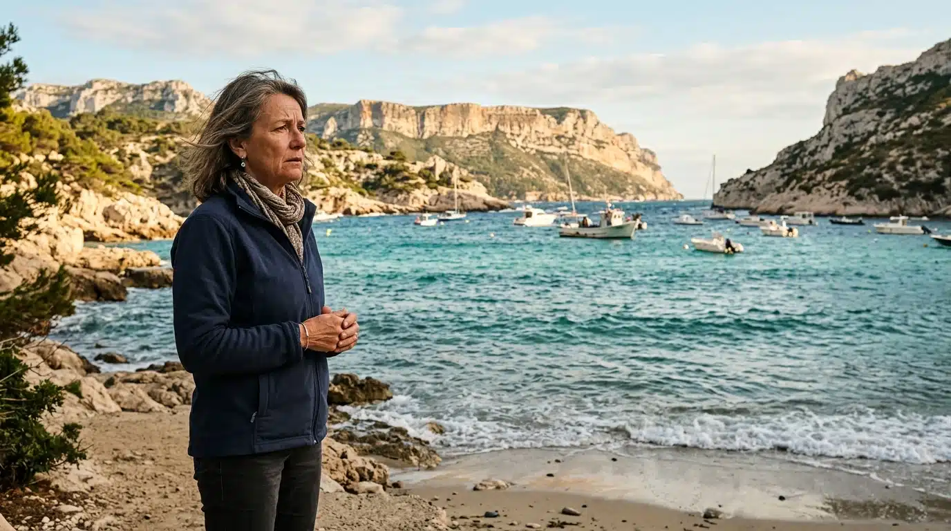Femme inquiète regardant la mer Méditerranée près de Marseille