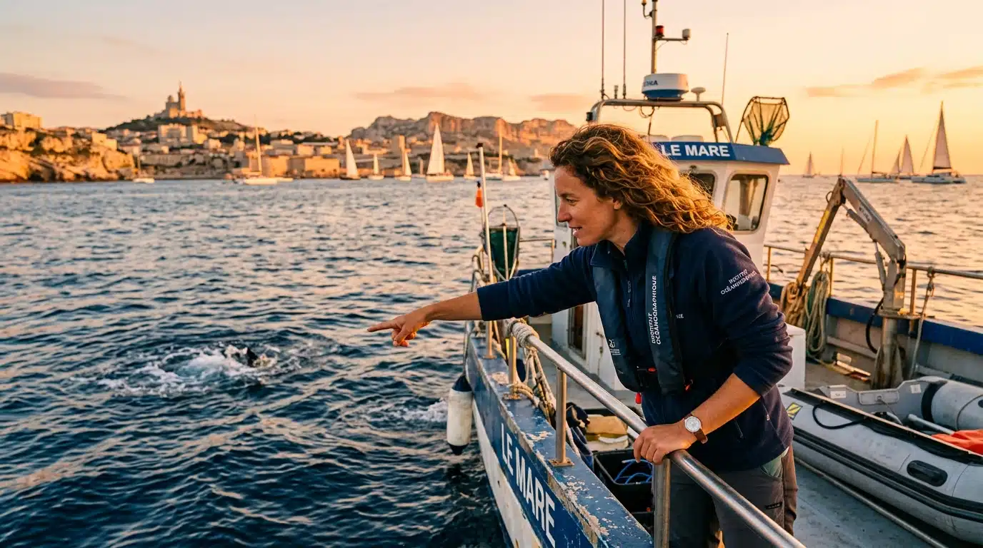 Biologiste marin observant la mer depuis un bateau