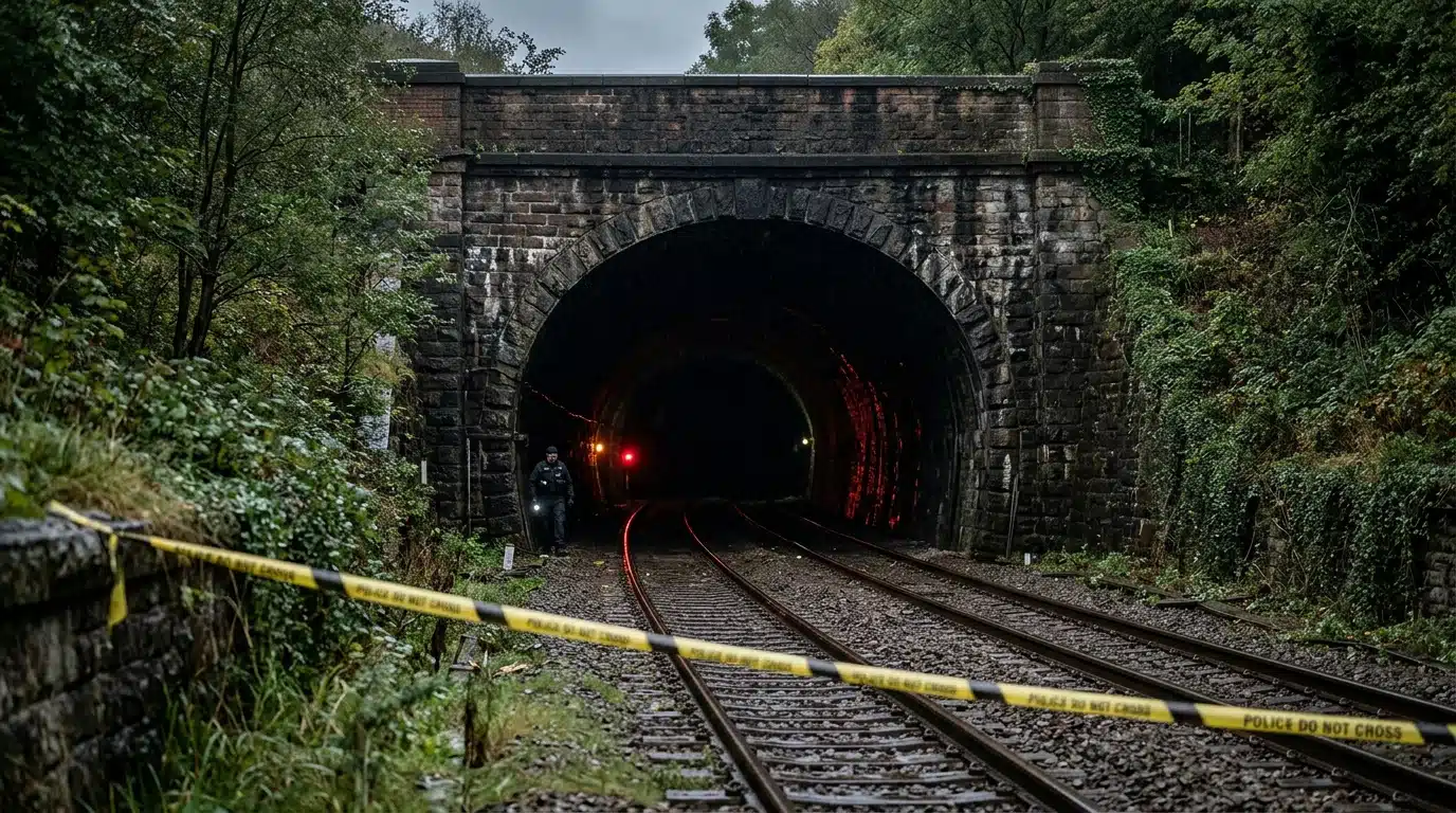 Entrée d'un tunnel ferroviaire sombre avec voies