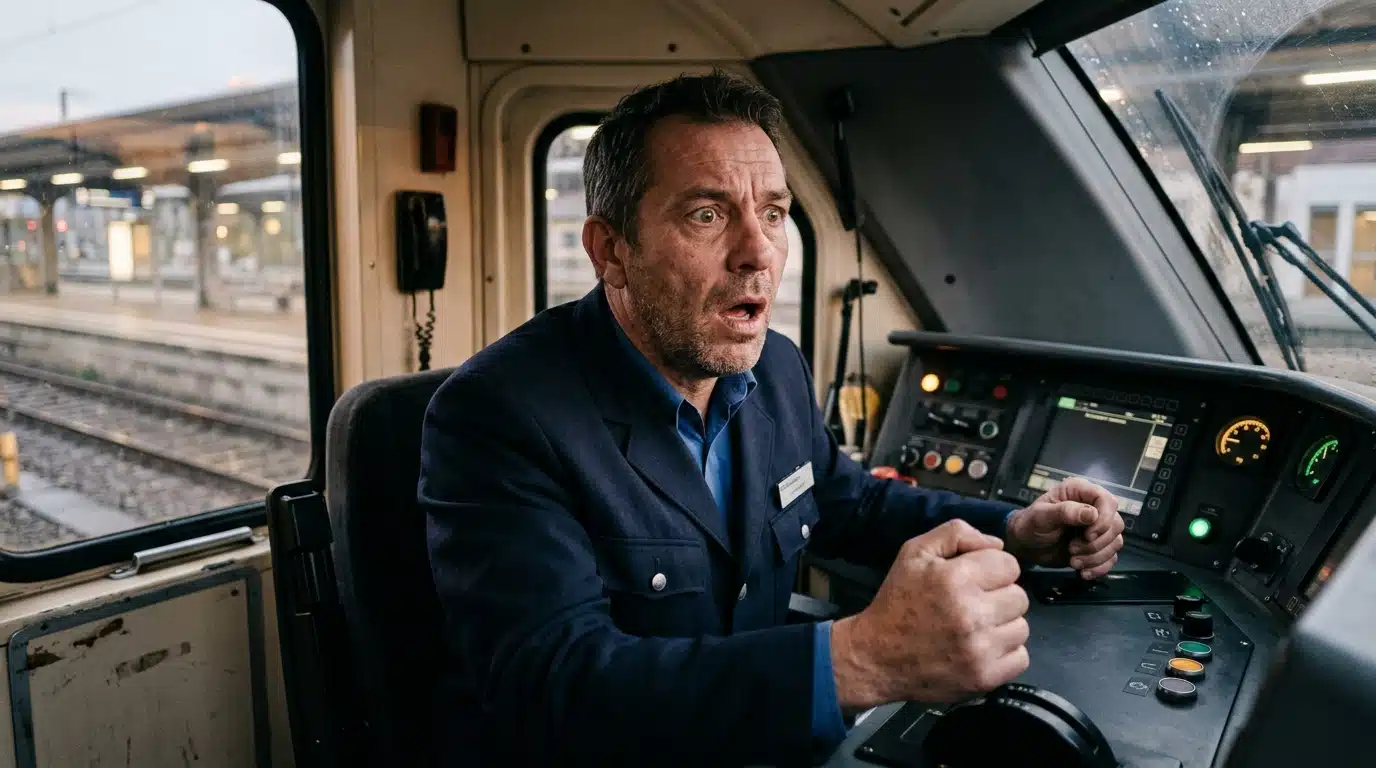 Conducteur de train visage choqué dans sa cabine