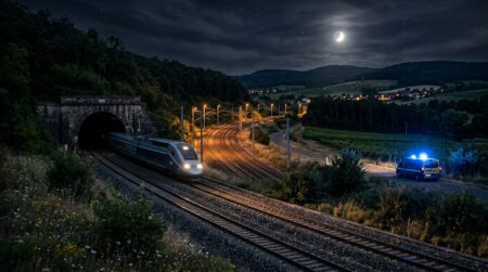 Voies ferrées de nuit près d'un tunnel avec gendarmerie