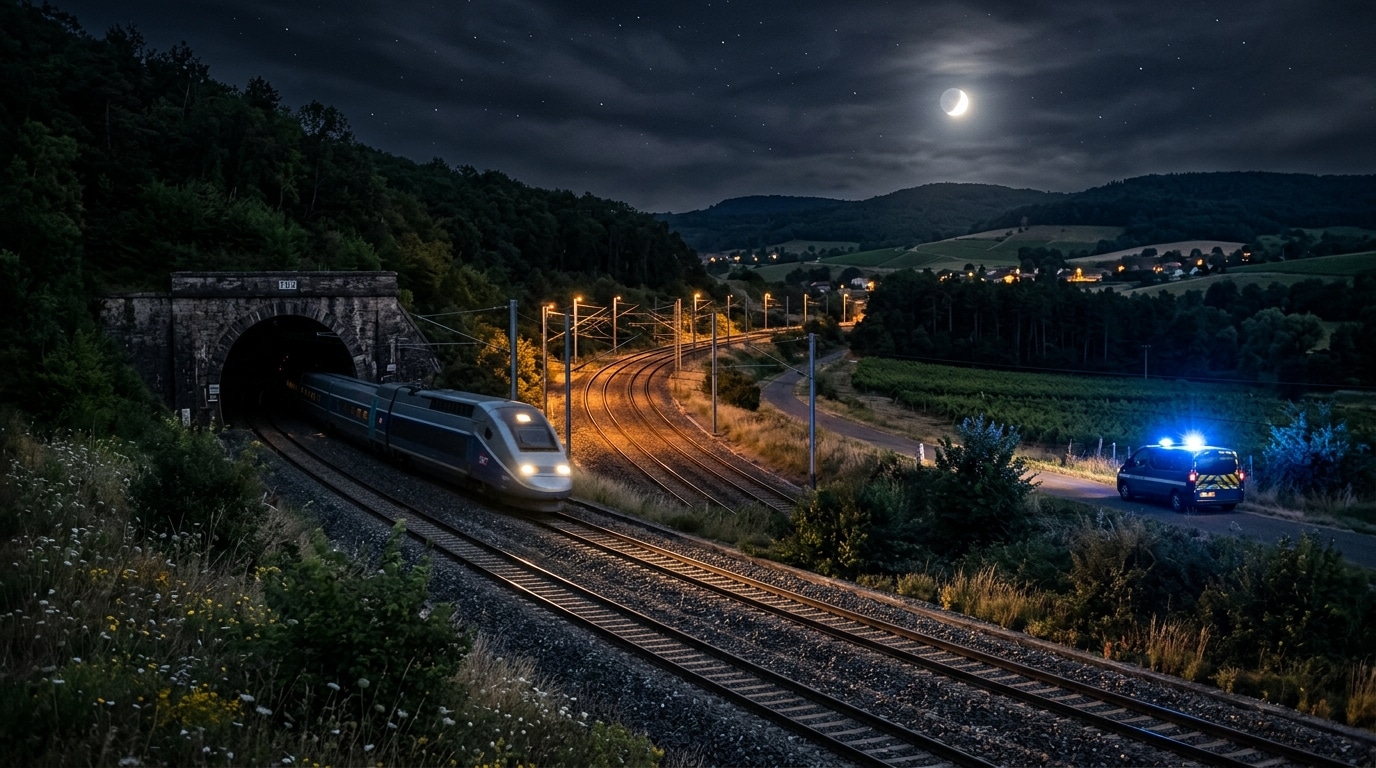 Voies ferrées de nuit près d'un tunnel avec gendarmerie