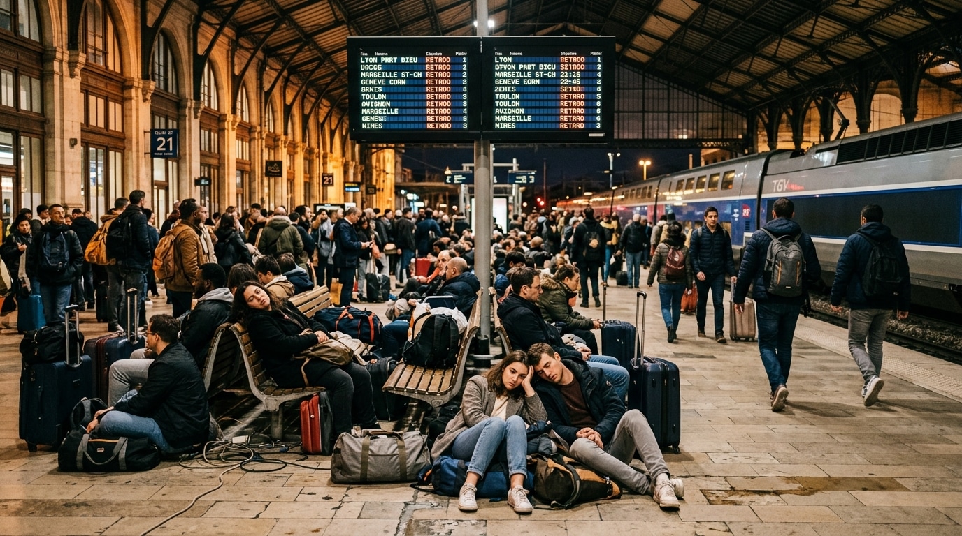 Passagers attendant sur un quai de gare bondé la nuit