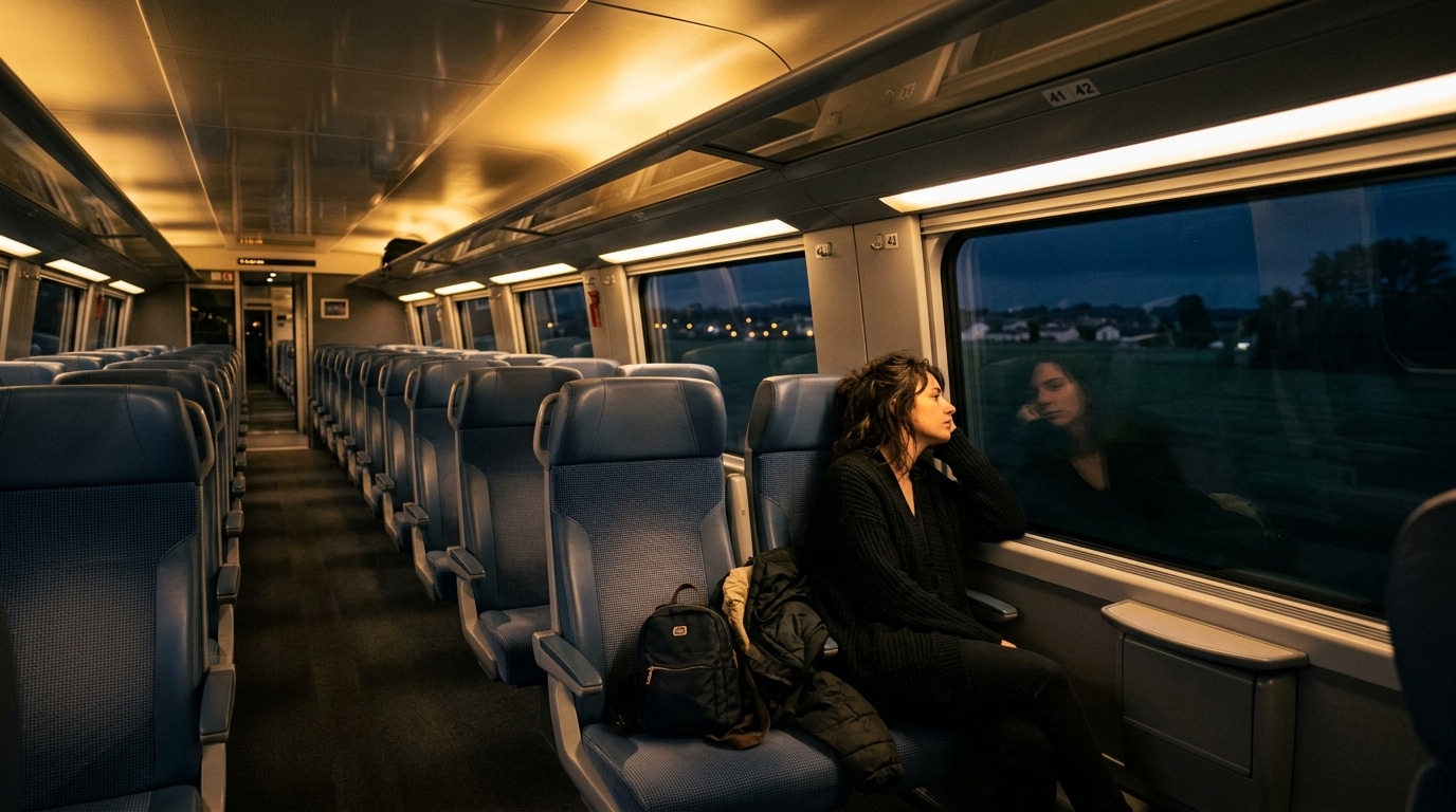 Passager fatigué dans un TGV immobilisé la nuit