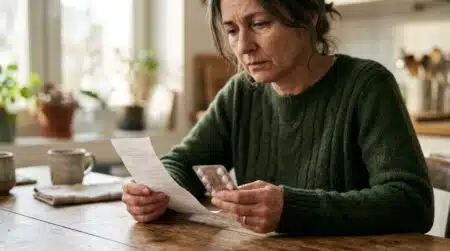Personne consultant une ordonnance et des euros à table