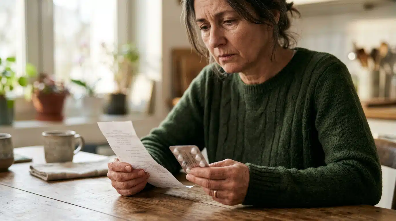 Personne consultant une ordonnance et des euros à table