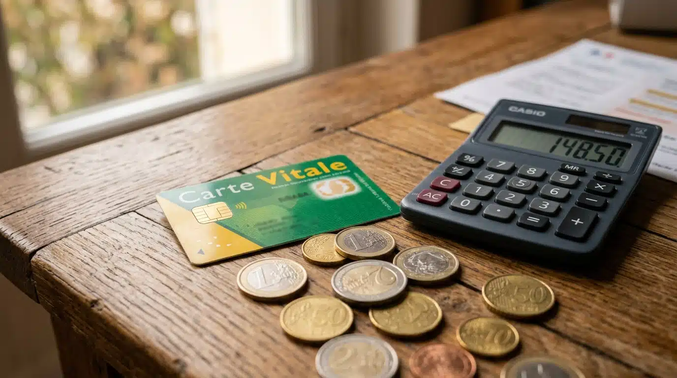 Carte vitale posée près de pièces et calculatrice