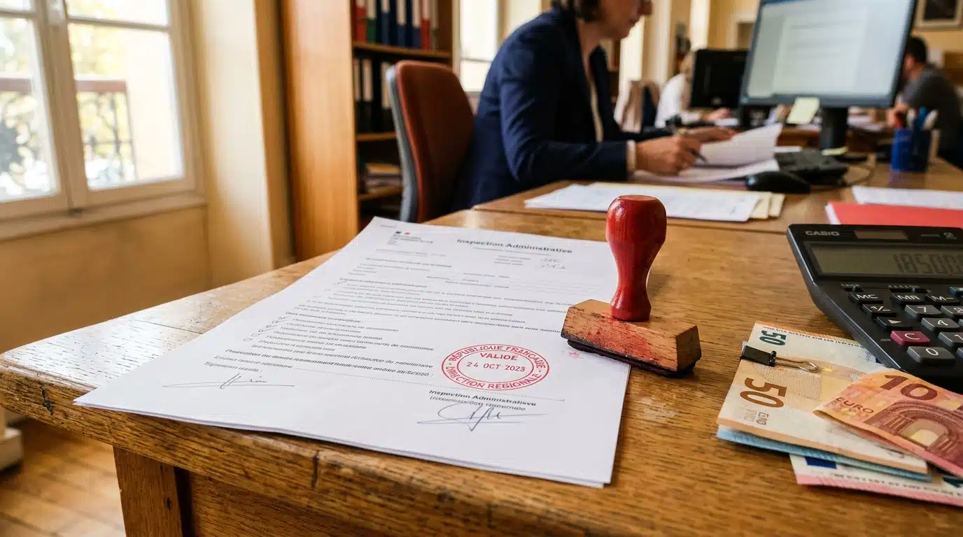 Document administratif et tampon sur bureau officiel