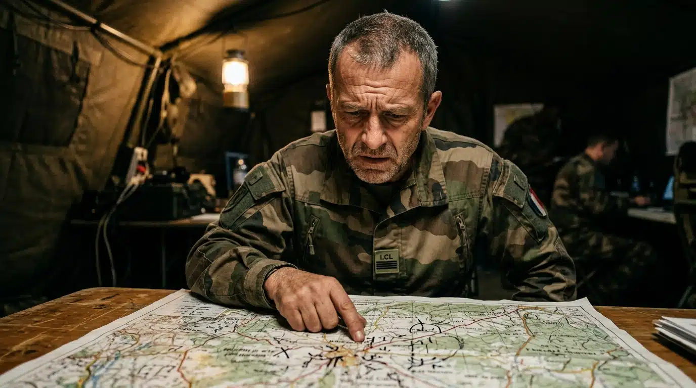 Officier militaire inquiet consultant une carte