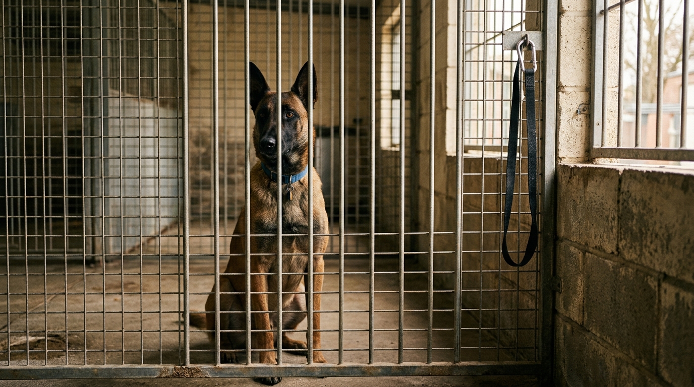 Chien malinois derrière le grillage d'un refuge
