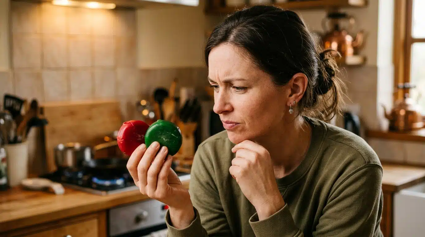 Comparaison entre Babybel original rouge et version végétale verte