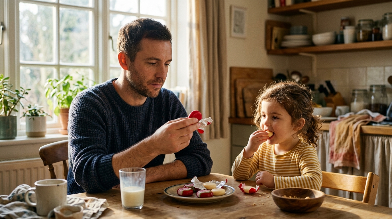 Père et enfant partageant un fromage rond à la maison