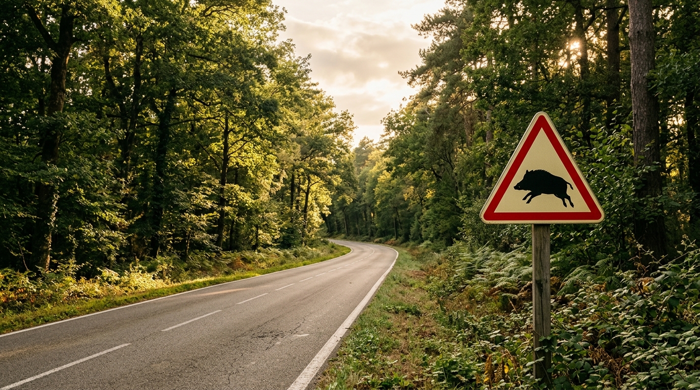 Panneau de signalisation animaux sauvages sur une route forestière française