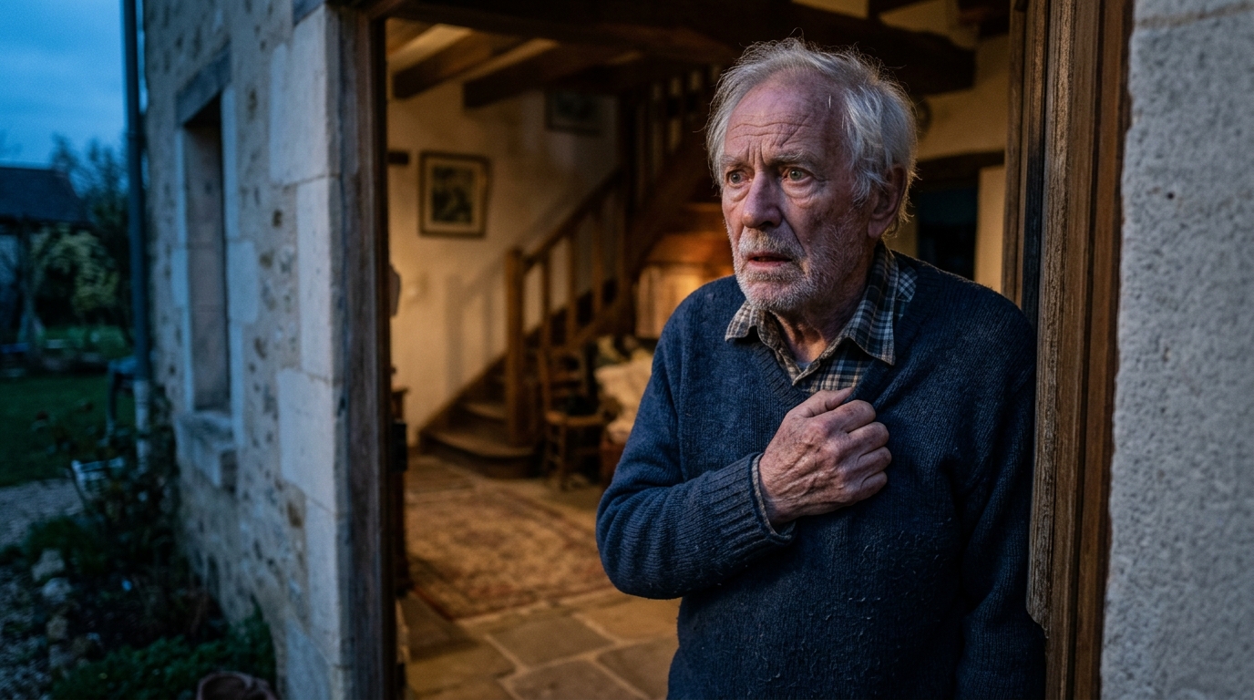 Homme âgé effondré devant une porte de maison