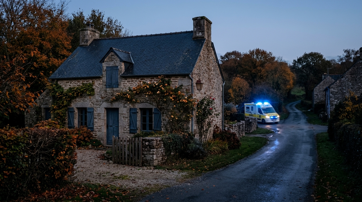Maison de village bretonne avec ambulance au loin