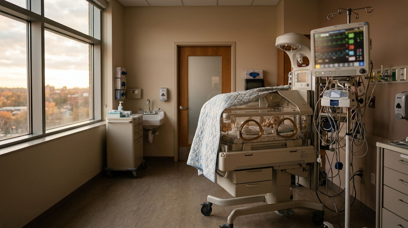 Chambre d'hôpital néonatale vide avec incubateur