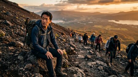 Randonneur inquiet sur un sentier du mont Fuji